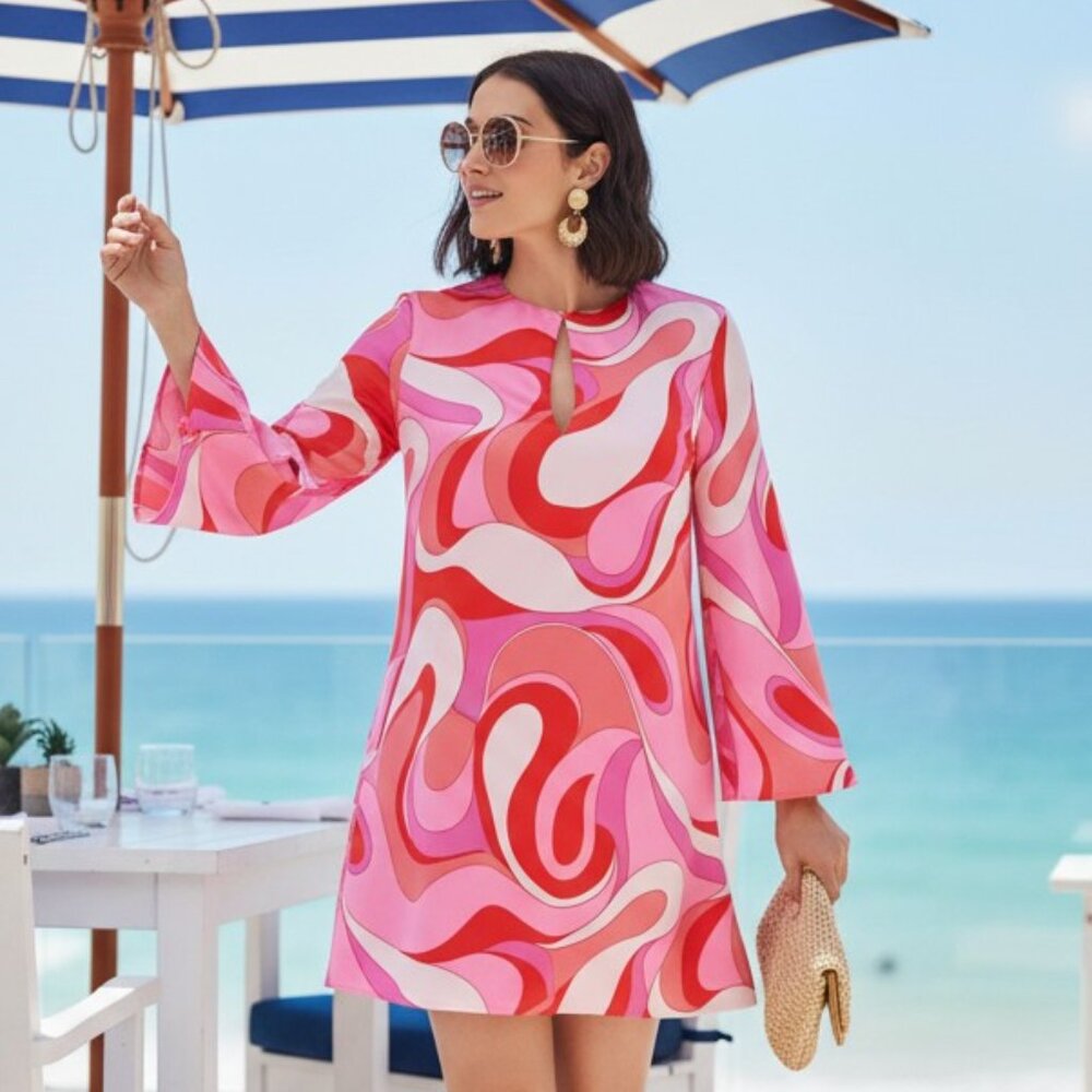 Hyacinth House Mitzi Mini Dress Pink Geo XL NWT Bell Sleeve - Picture 2 of 12